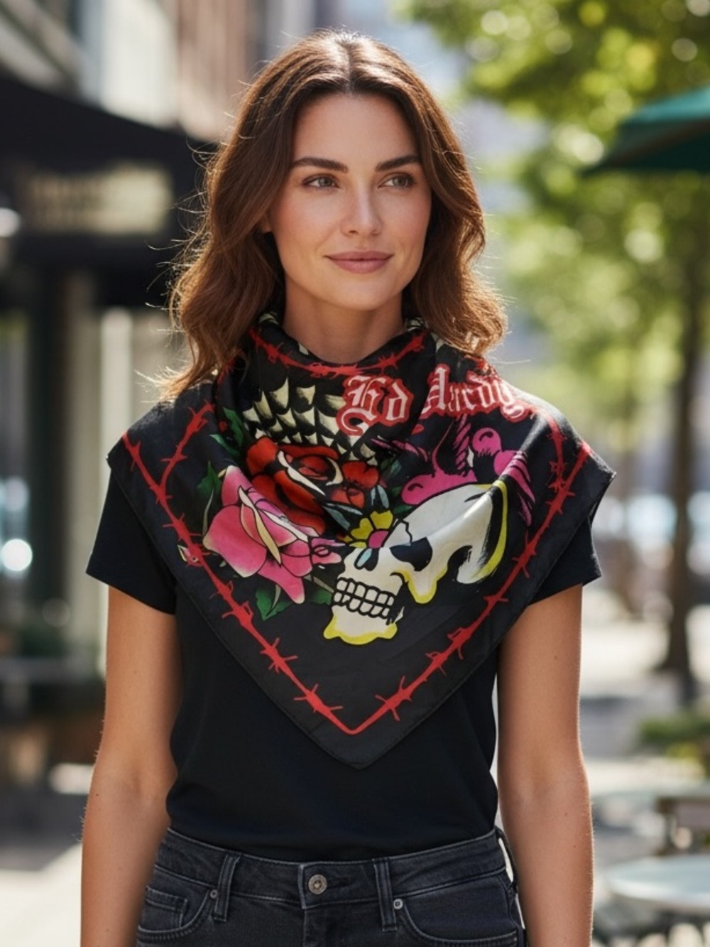 Ed Hardy Y2K Tattoo Graphic Skull and Roses Tattoo Print Scarf - Picture 7 of 7